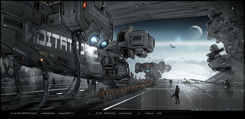 Illustration for article titled Breathtaking Concept Art of Elysium's Spaceship Hangar and Robot Deck